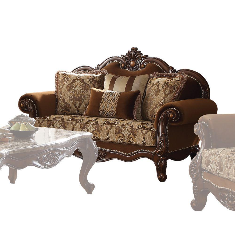 ACME Jardena Loveseat w/4 Pillows, Fabric & Cherry Oak FredCo
