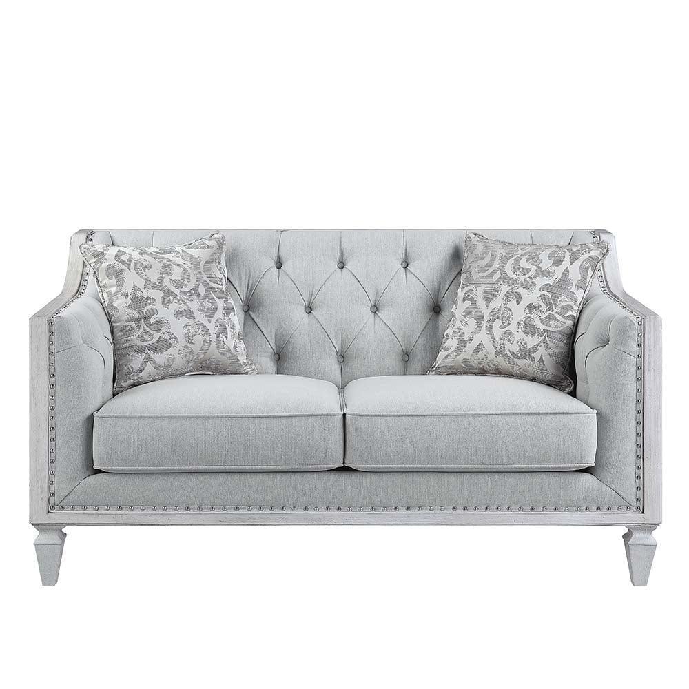 ACME Katia Loveseat w/2 Pillows, Light Gray Linen & Weathered White Finish FredCo