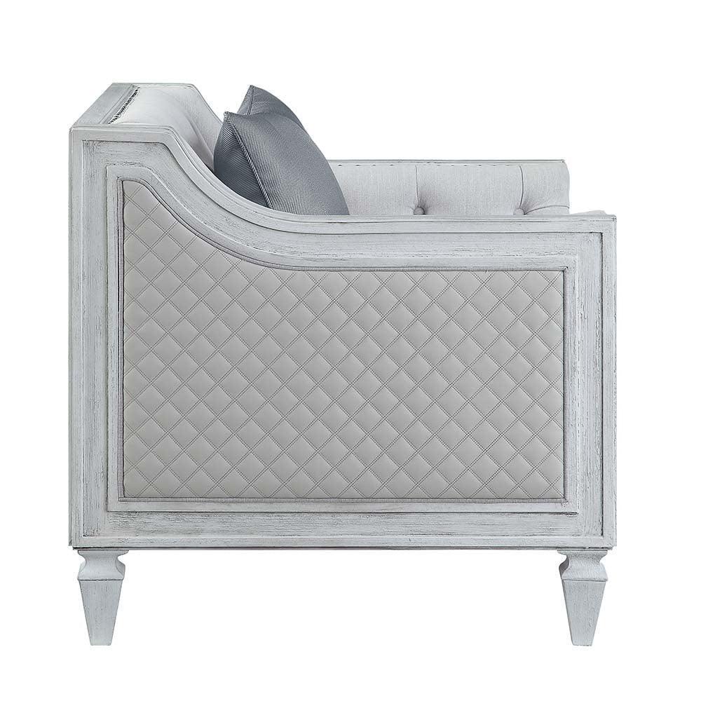 ACME Katia Loveseat w/2 Pillows, Light Gray Linen & Weathered White Finish FredCo