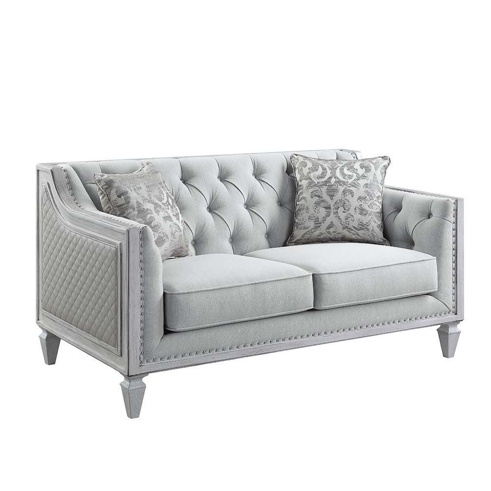 ACME Katia Loveseat w/2 Pillows, Light Gray Linen & Weathered White Finish FredCo