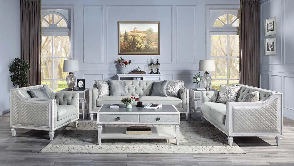 ACME Katia Sofa w/4 Pillows, Light Gray Linen & Weathered White Finish FredCo