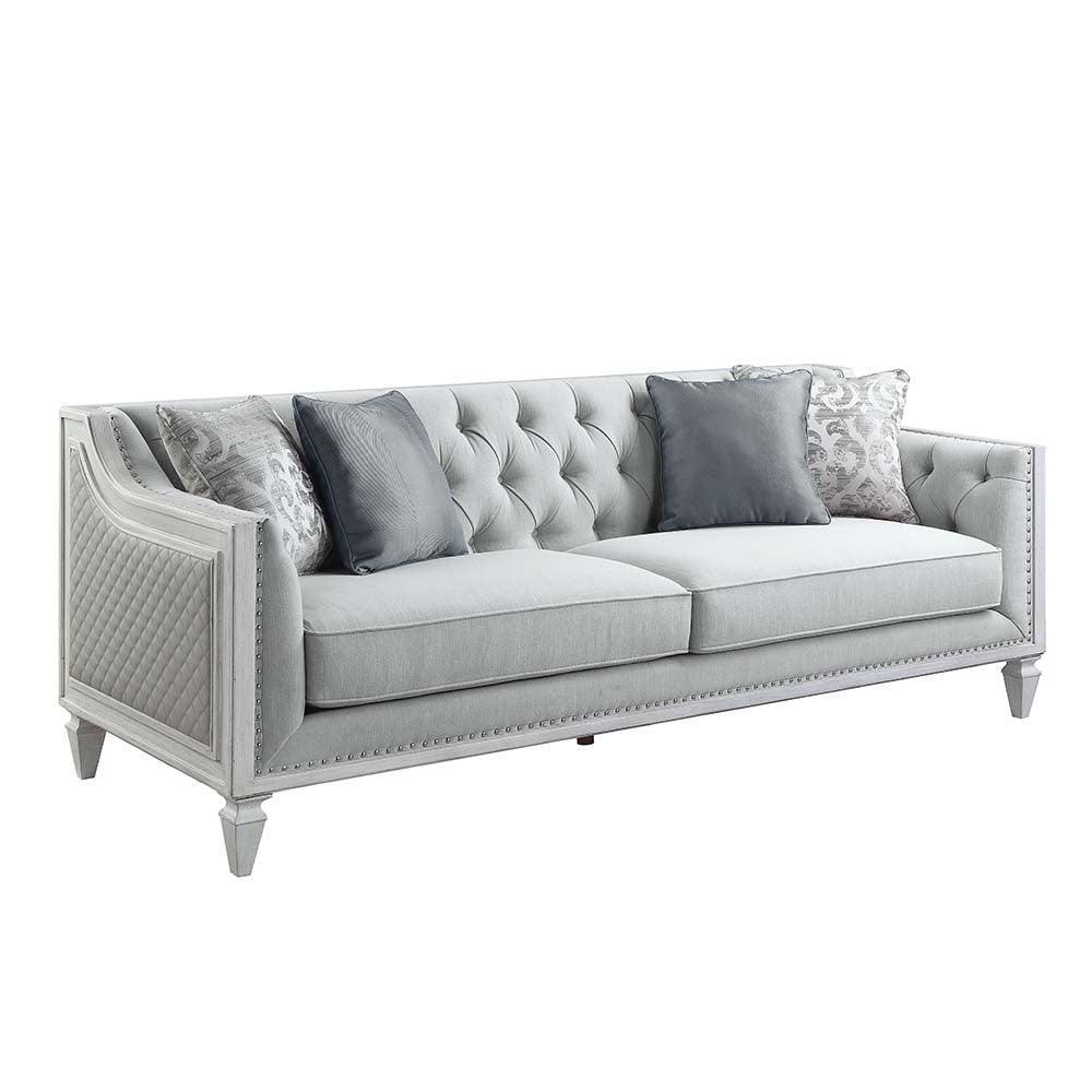 ACME Katia Sofa w/4 Pillows, Light Gray Linen & Weathered White Finish FredCo