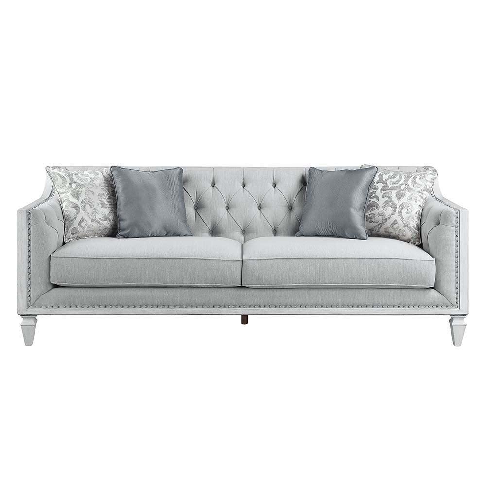 ACME Katia Sofa w/4 Pillows, Light Gray Linen & Weathered White Finish FredCo