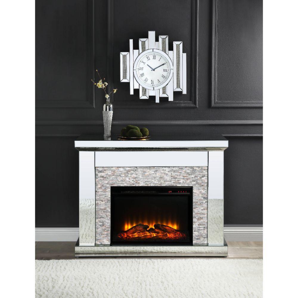 ACME Laksha Fireplace, Mirrored & Stone FredCo