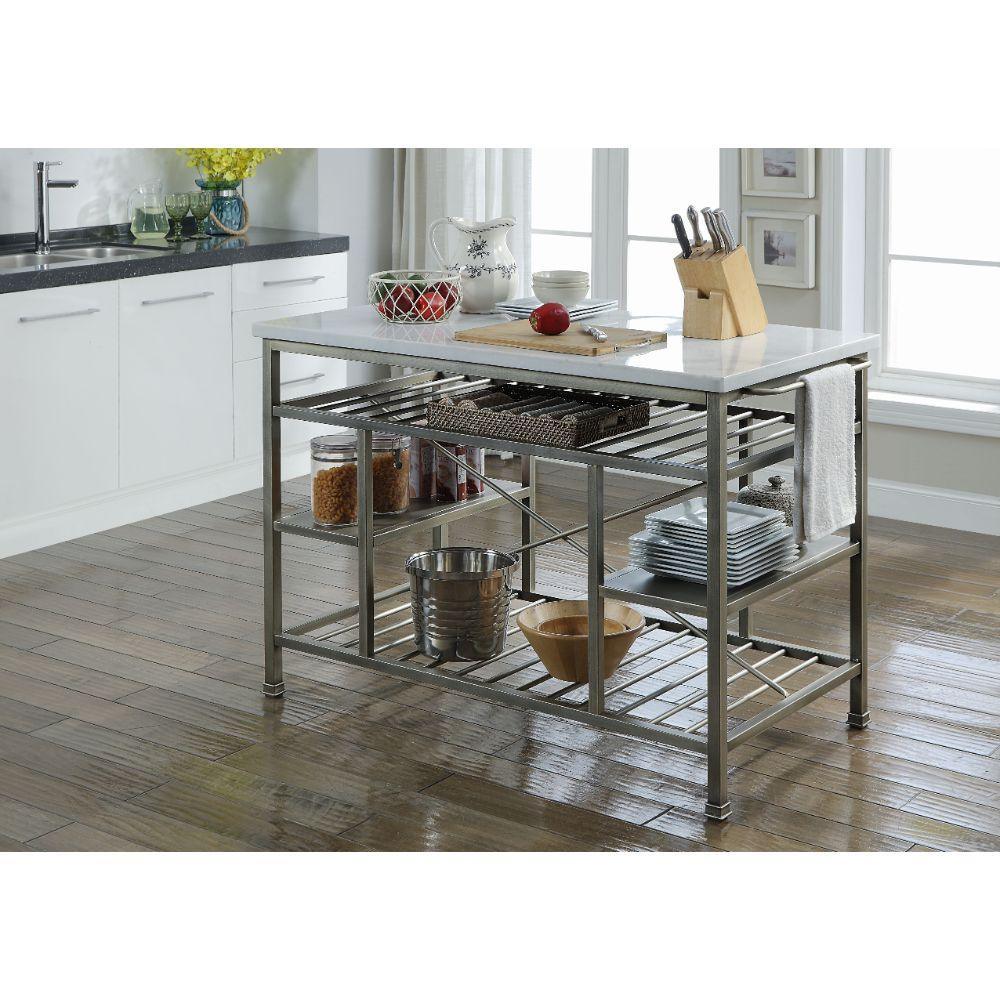 ACME Lanzo Kitchen Island (Counter), Marble & Antique Pewter FredCo