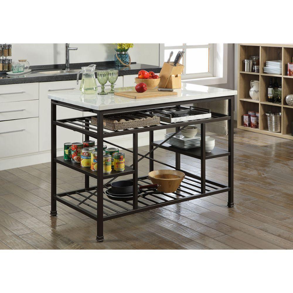 ACME Lanzo Kitchen Island (Counter), Marble & Gunmetal FredCo