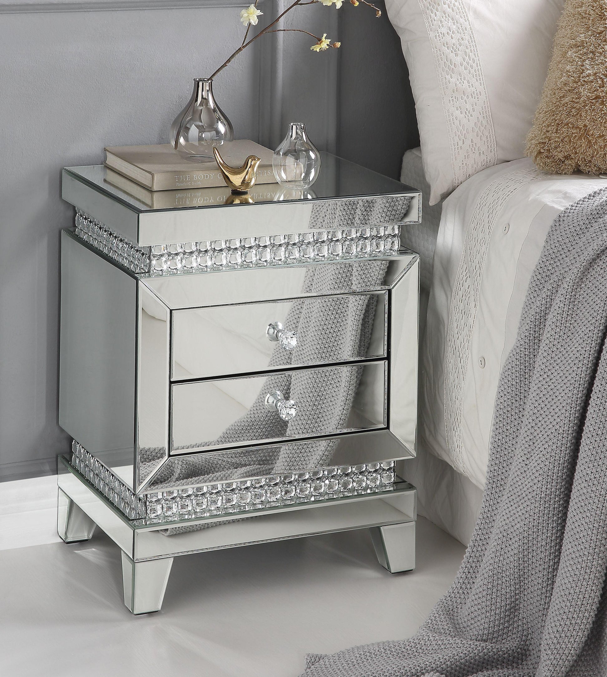 ACME Lotus Accent Table, Mirrored & Faux Crystals Inlay FredCo