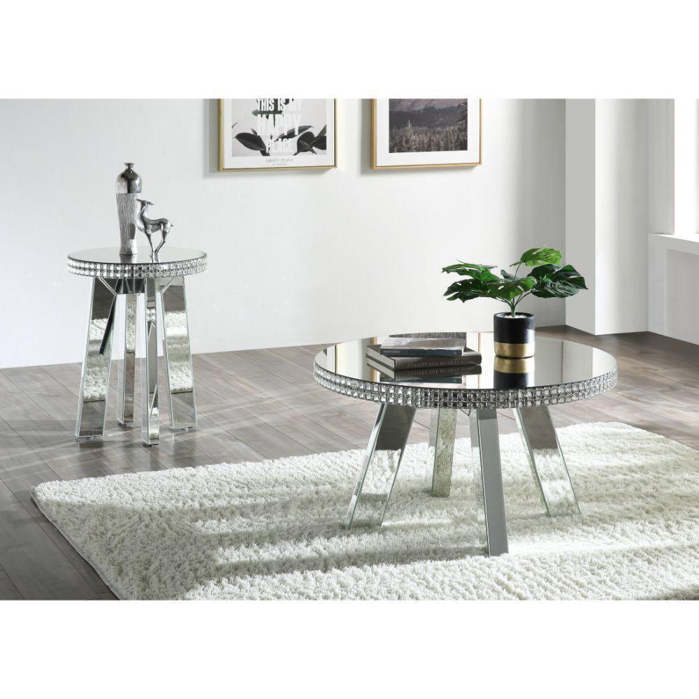 ACME Lotus Coffee Table, Mirrored & Faux Crystals FredCo