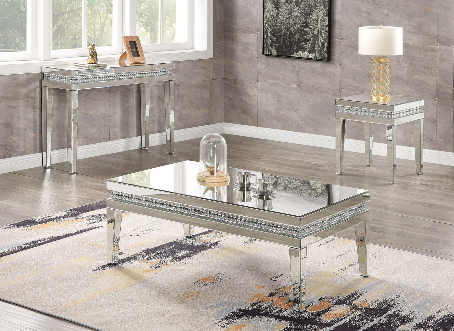 ACME Lotus Coffee Table, Mirrored & Faux Crystals Inlay FredCo