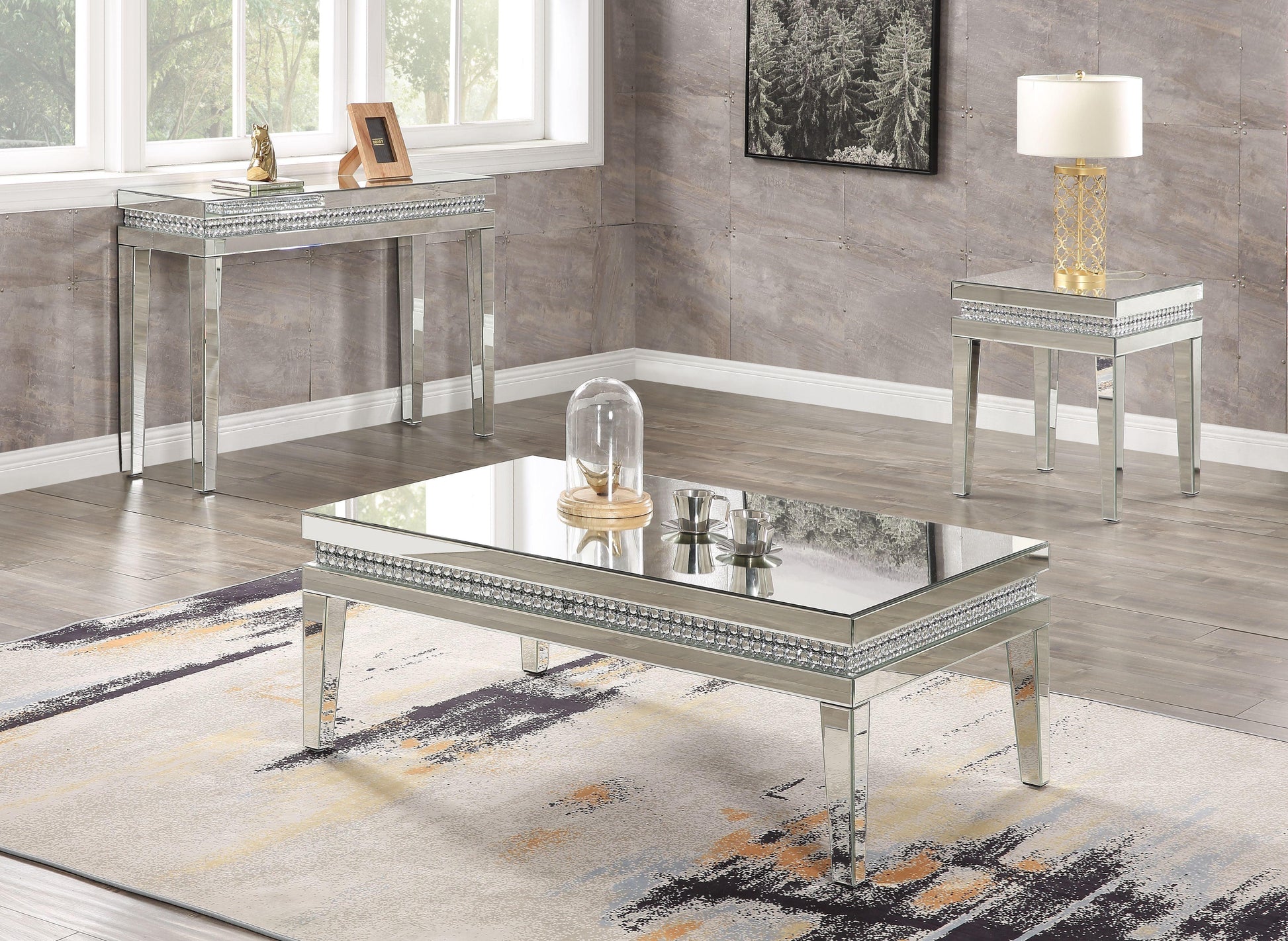 ACME Lotus Coffee Table, Mirrored & Faux Crystals Inlay FredCo
