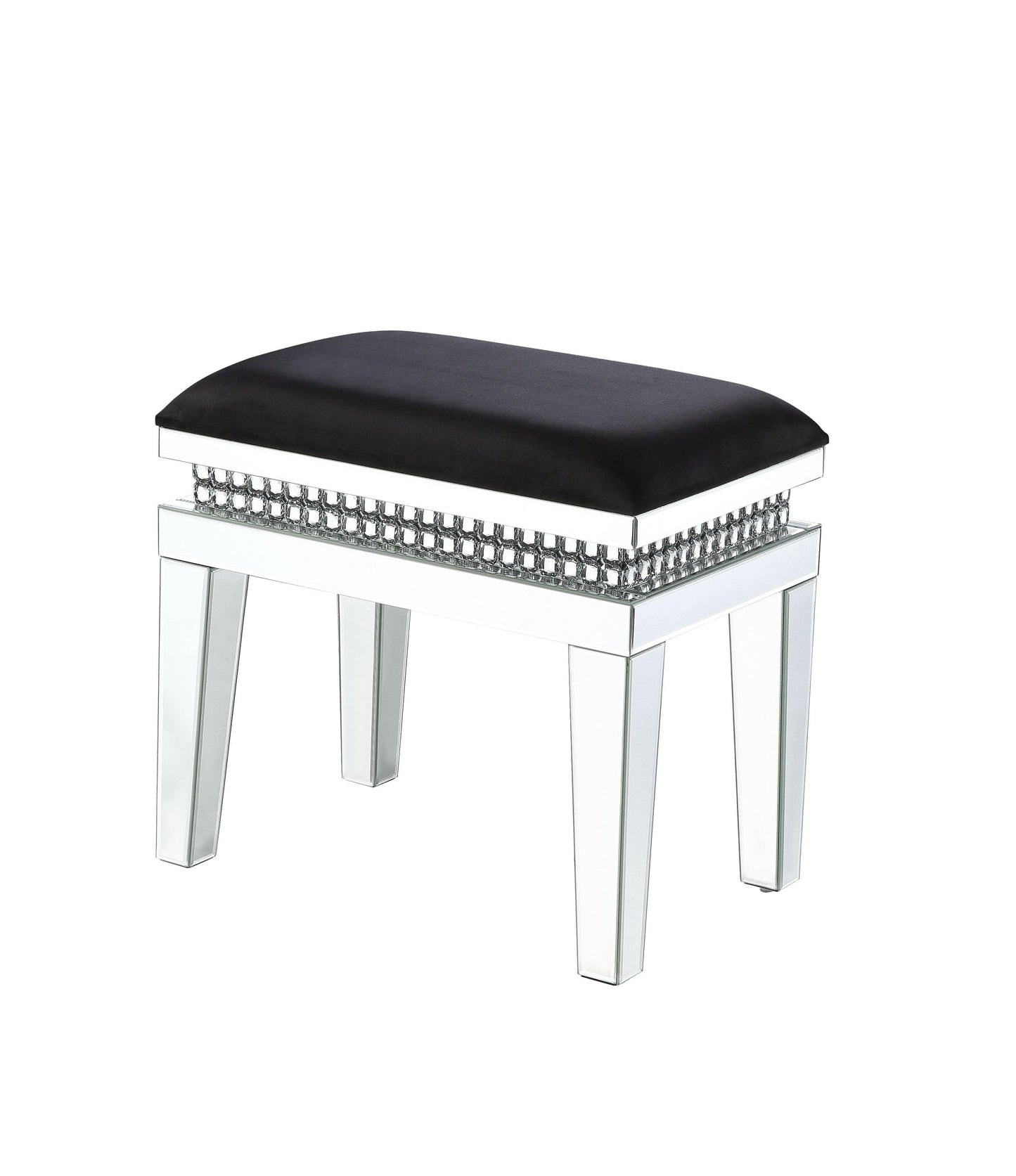ACME Lotus Vanity Stool, Black Fabric, Mirrored & Faux Crystals FredCo