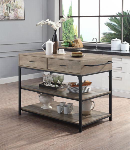 ACME Macaria Kitchen Island, Rustic Oak & Black Finish FredCo