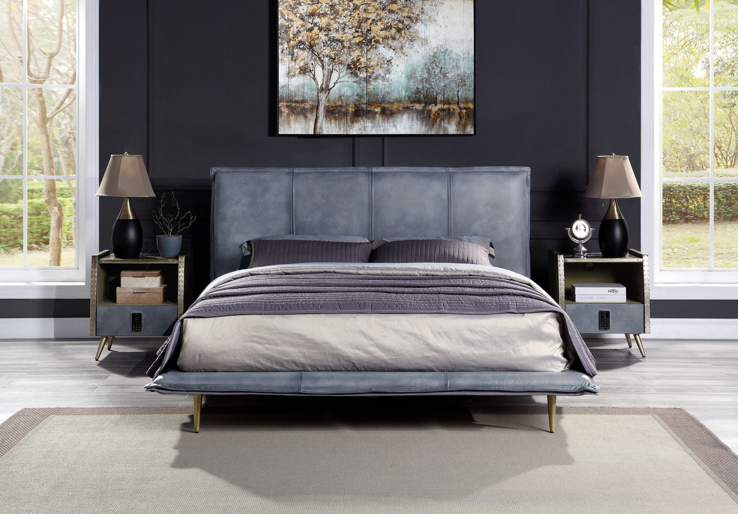 ACME Metis Queen Bed, Gray Top Grain Leather FredCo