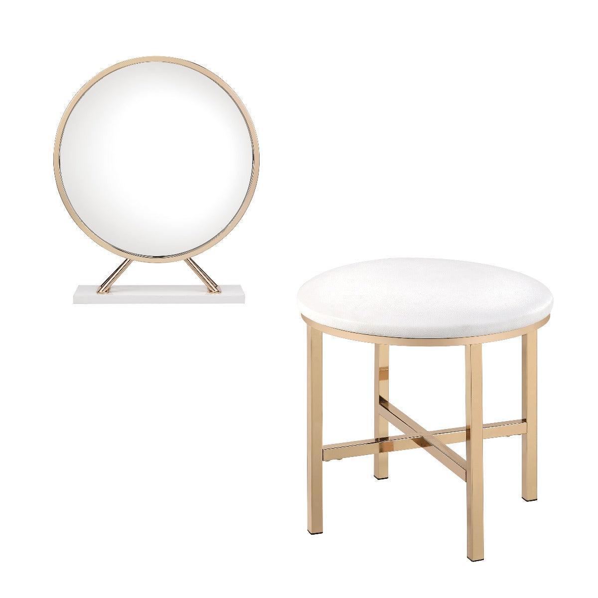 ACME Midriaks Mirror & Stool, PU, White & Gold Finish FredCo