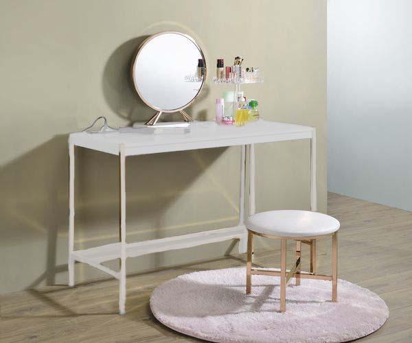 ACME Midriaks Mirror & Stool, PU, White & Gold Finish FredCo