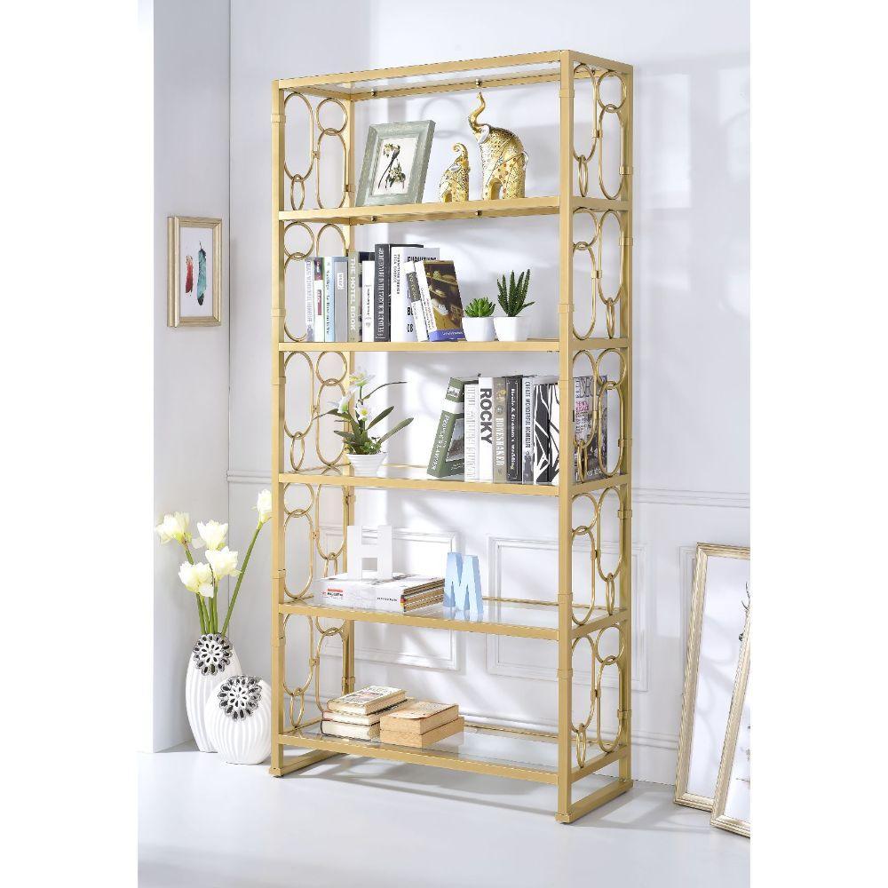 ACME Milavera Bookshelf, Clear Glass & Gold 92470 FredCo