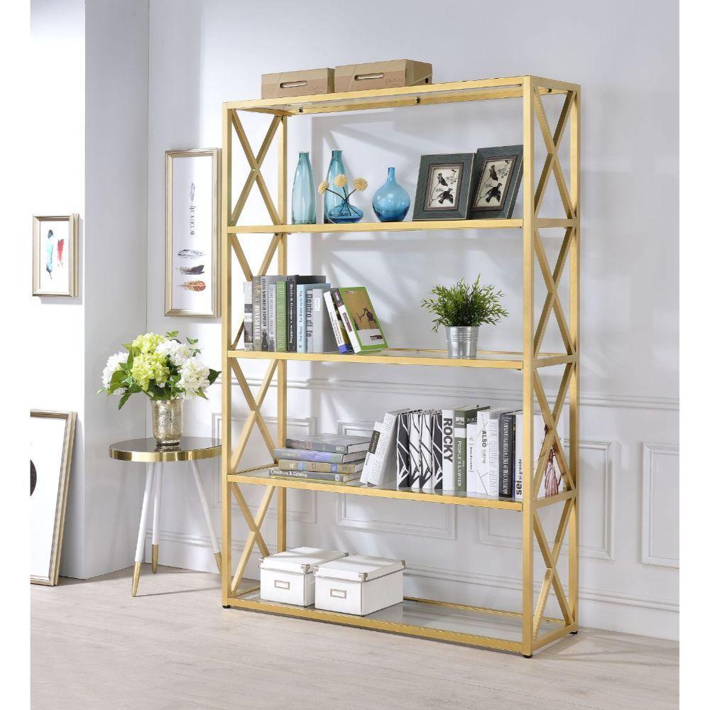 ACME Milavera Bookshelf, Gold & Clear Glass 92460 FredCo