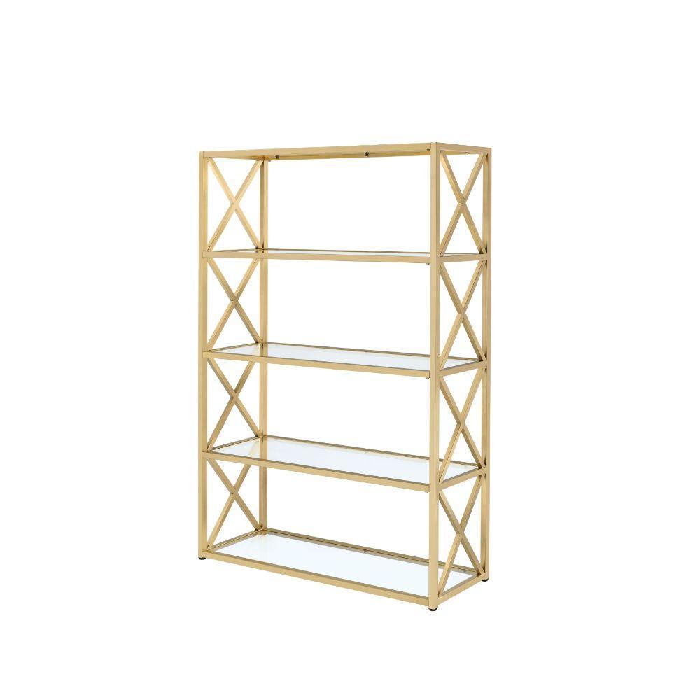 ACME Milavera Bookshelf, Gold & Clear Glass 92460 FredCo