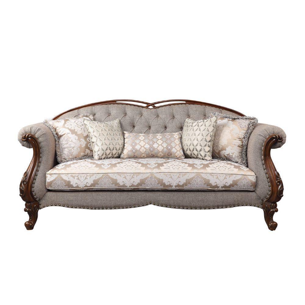 ACME Miyeon Sofa w/5 Pillows, Fabric & Cherry FredCo