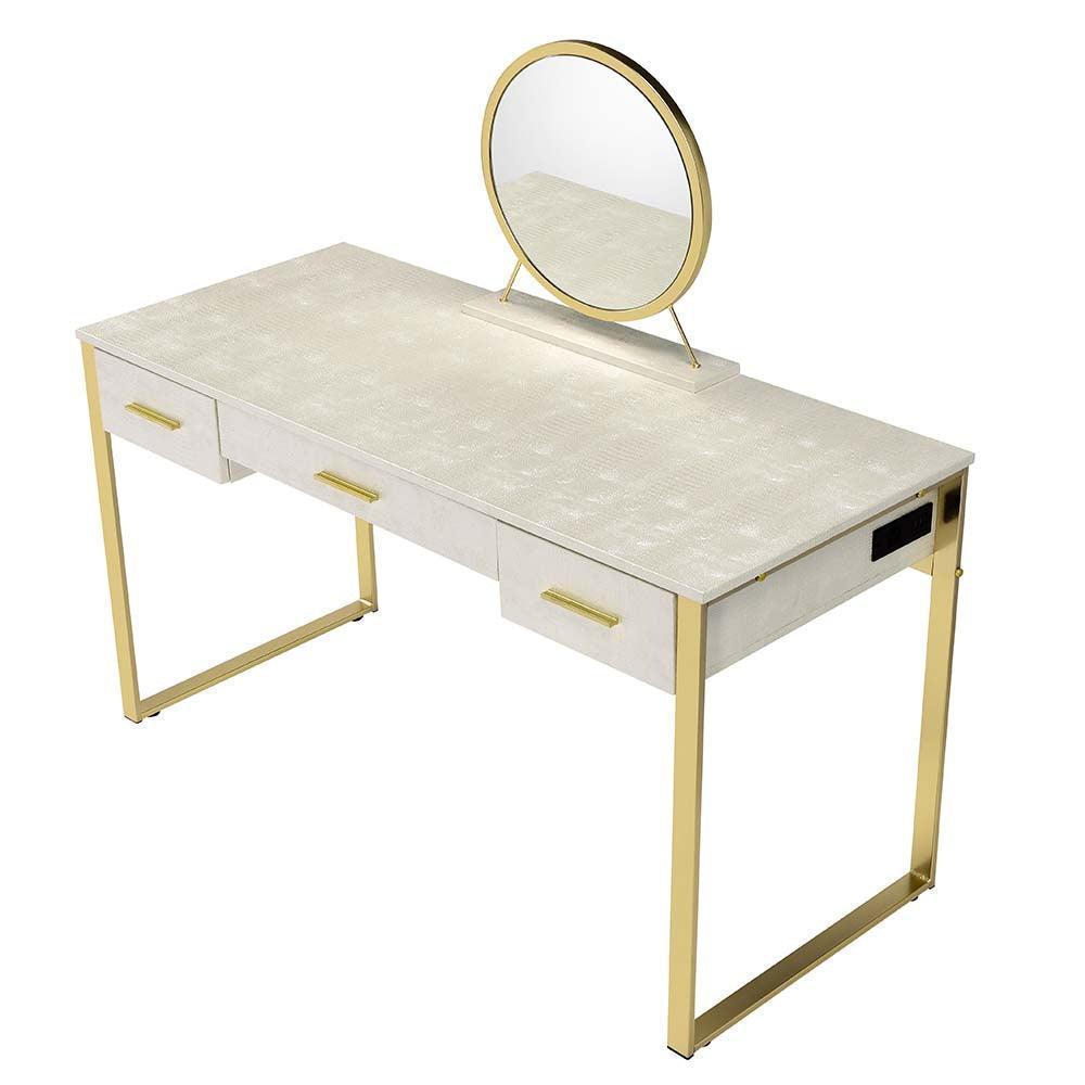 ACME Myles Vanity Set w/USB Port, Antique White & Champagne Finish FredCo