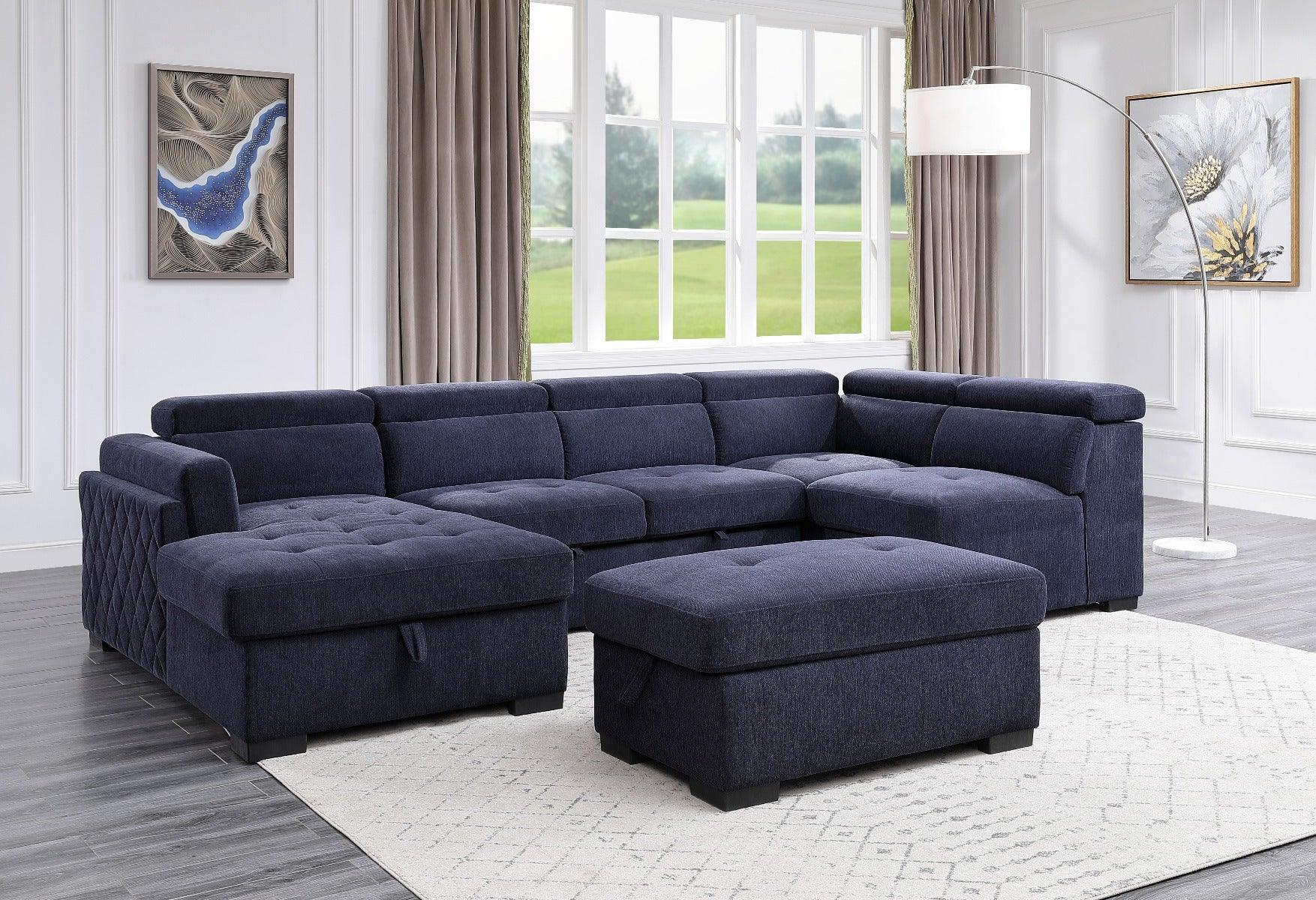 ACME Nekoda Storage Sleeper Sectional Sofa and Ottoman, Navy Blue Fabric FredCo