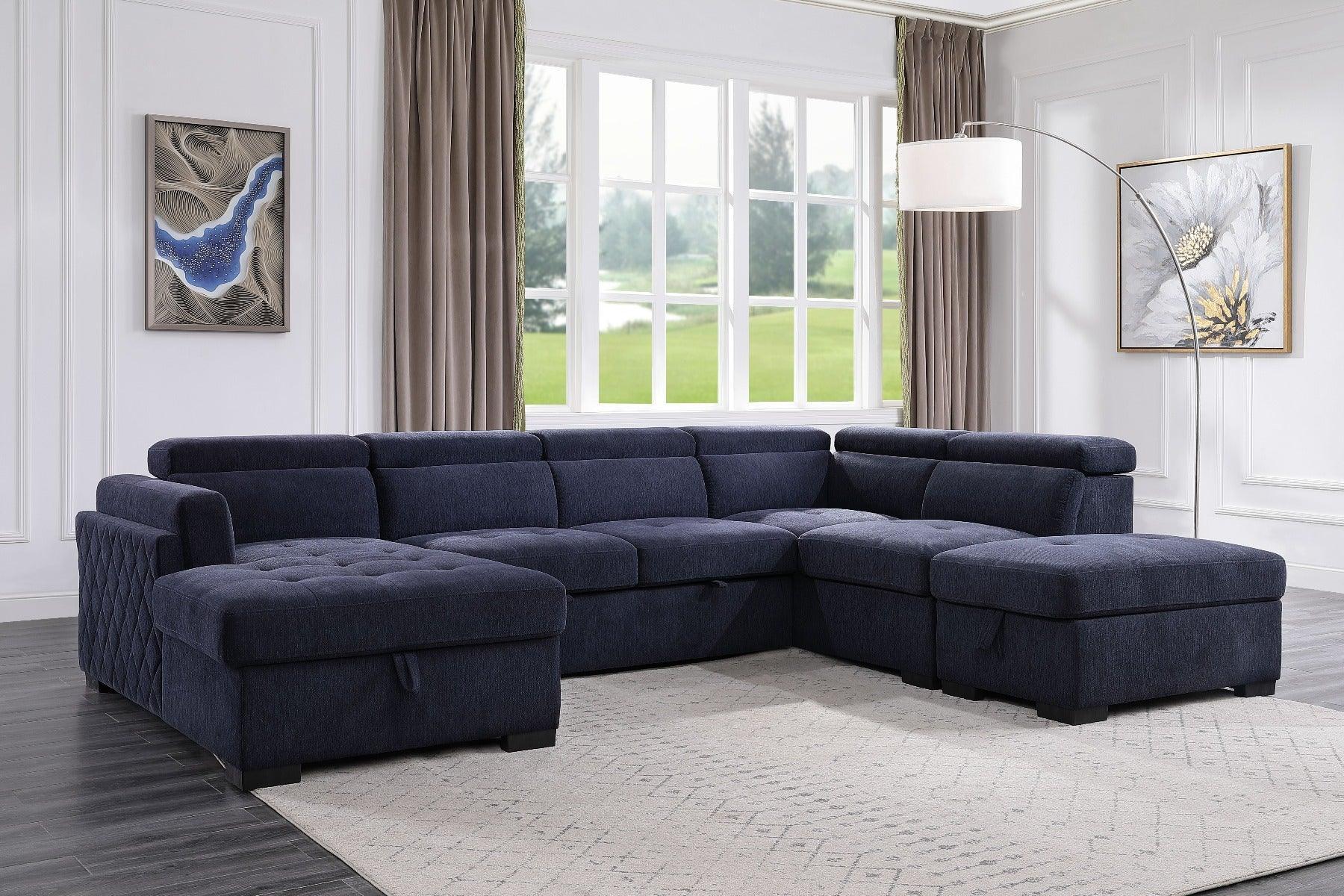 ACME Nekoda Storage Sleeper Sectional Sofa and Ottoman, Navy Blue Fabric FredCo