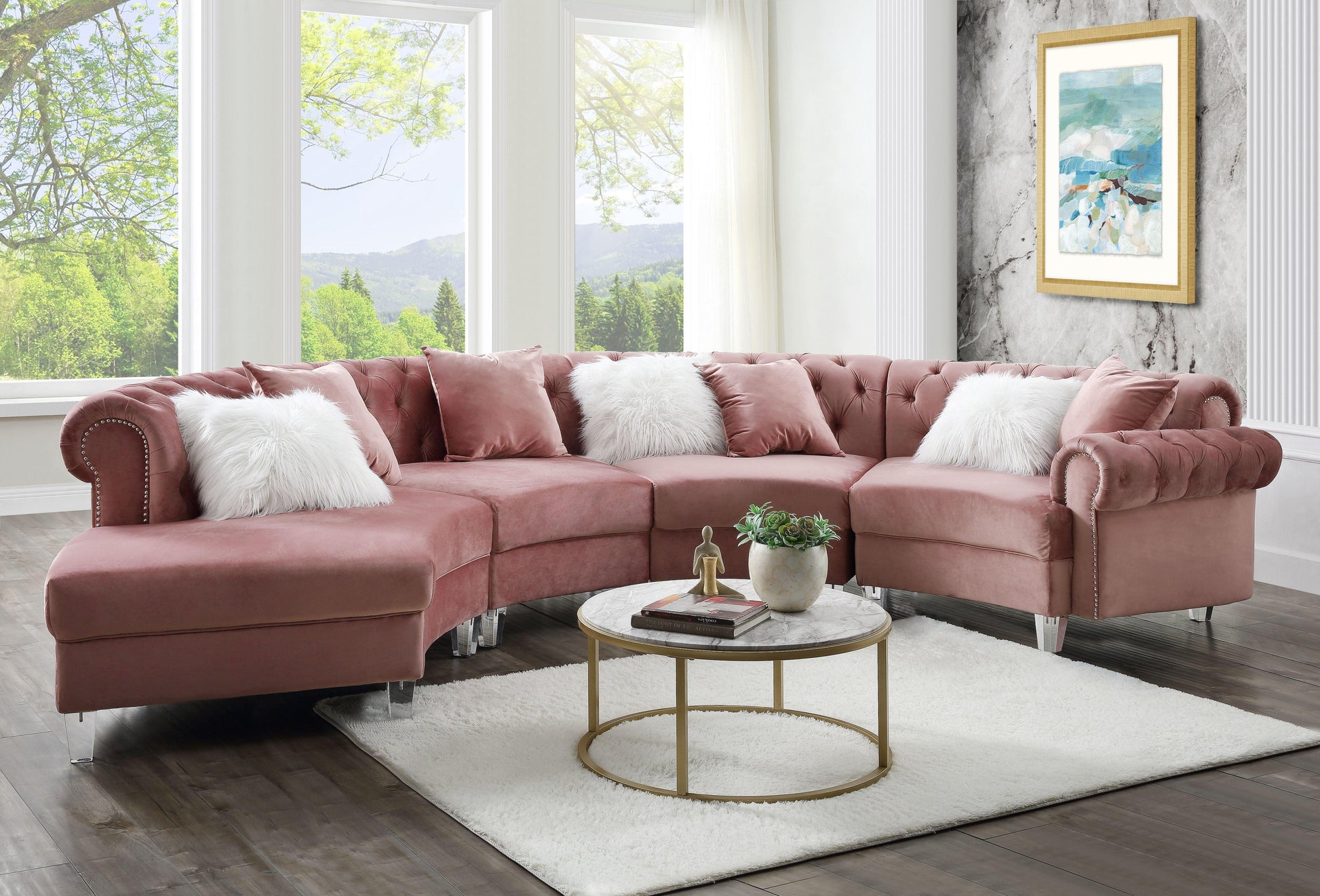 ACME Ninagold Sectional Sofa w/7 Pillows, Pink Velvet FredCo