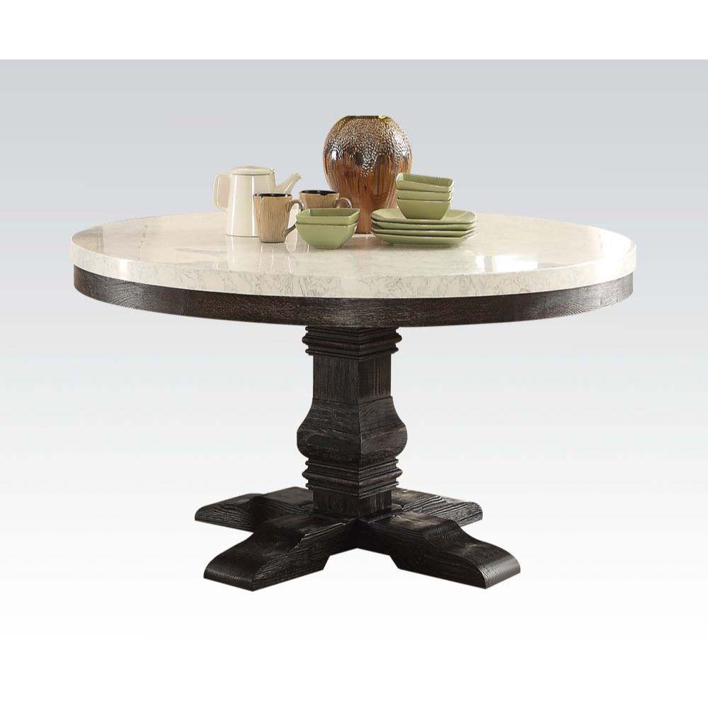 ACME Nolan Dining Table w/Pedestal, White Marble & Salvage Dark Oak 72845 FredCo