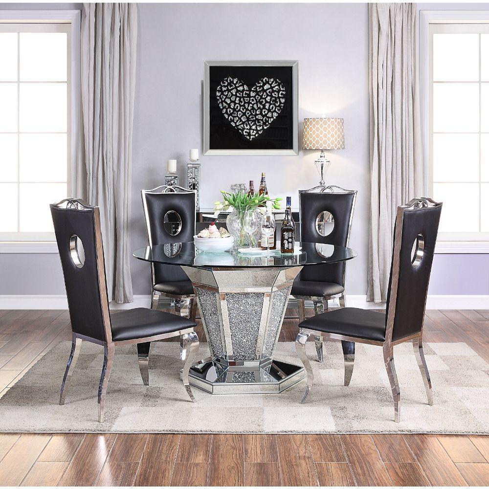ACME Noralie Dining Table, Mirrored, Faux Diamonds & Clear Glass 71285 FredCo