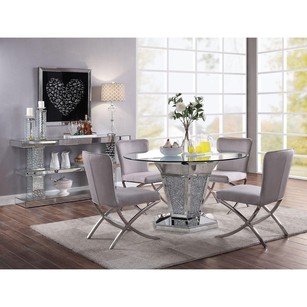 ACME Noralie Dining Table, Mirrored, Faux Diamonds & Clear Glass 71285 FredCo