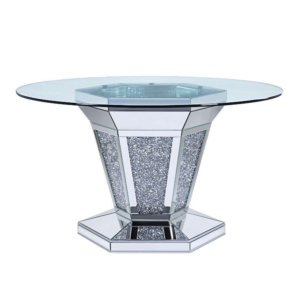 ACME Noralie Dining Table, Mirrored, Faux Diamonds & Clear Glass 71285 FredCo