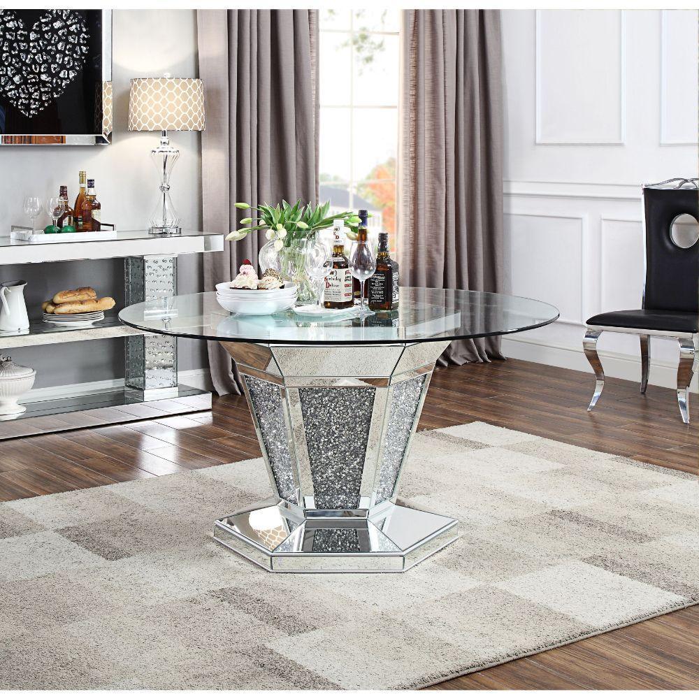 ACME Noralie Dining Table, Mirrored, Faux Diamonds & Clear Glass 71285 FredCo