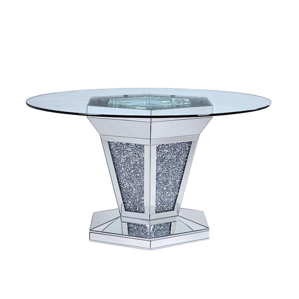 ACME Noralie Dining Table, Mirrored, Faux Diamonds & Clear Glass 71285 FredCo