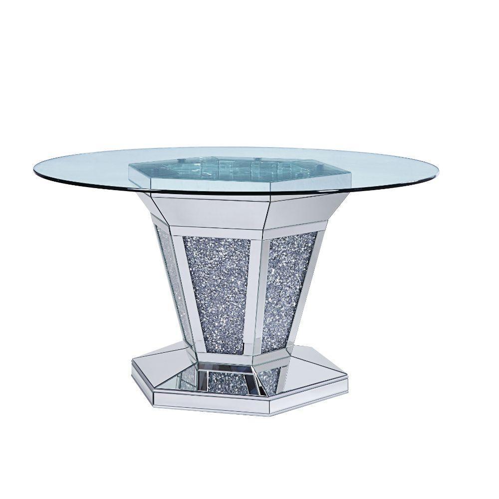 ACME Noralie Dining Table, Mirrored, Faux Diamonds & Clear Glass 71285 FredCo