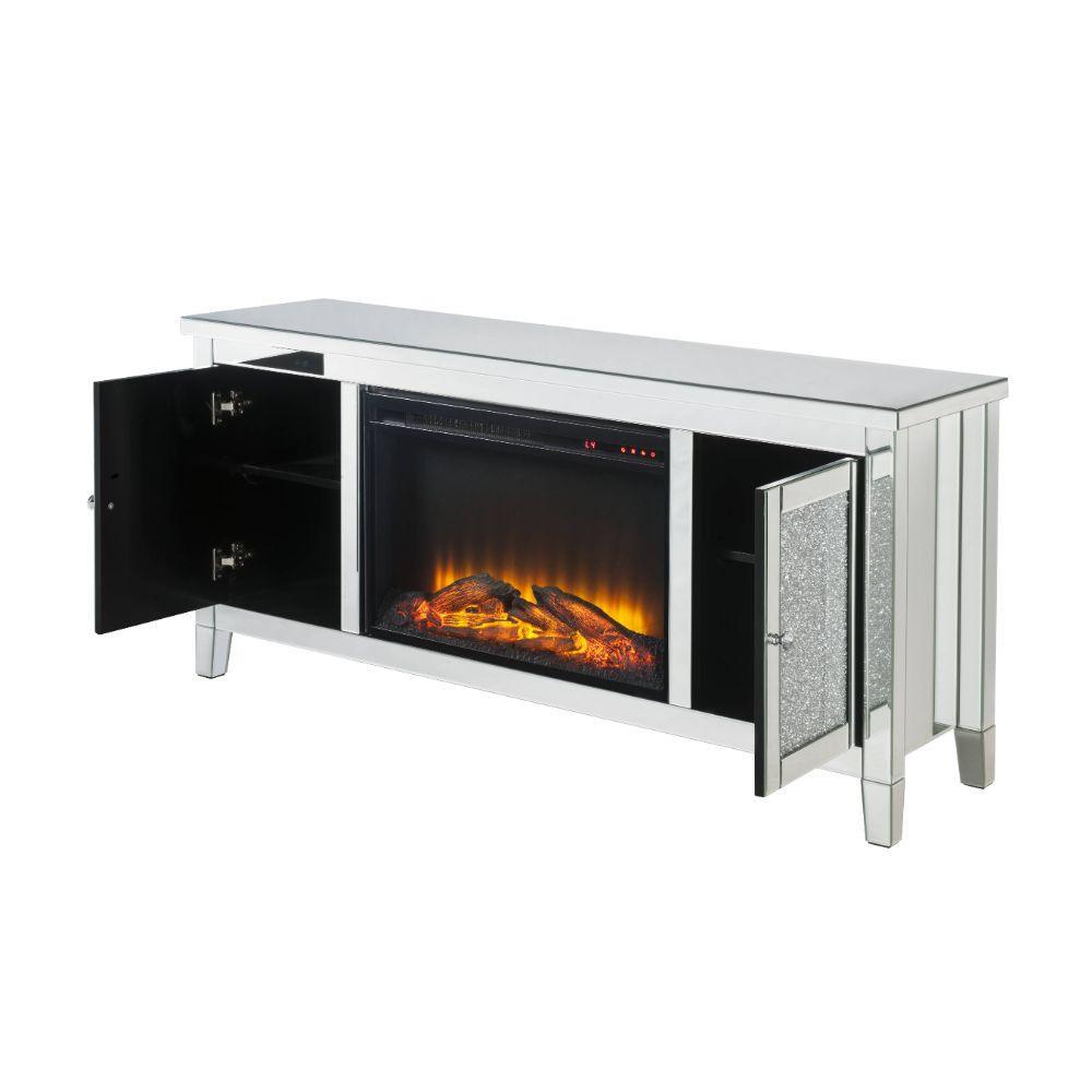 ACME Noralie TV Stand Fireplace, Mirrored & Faux Diamonds FredCo