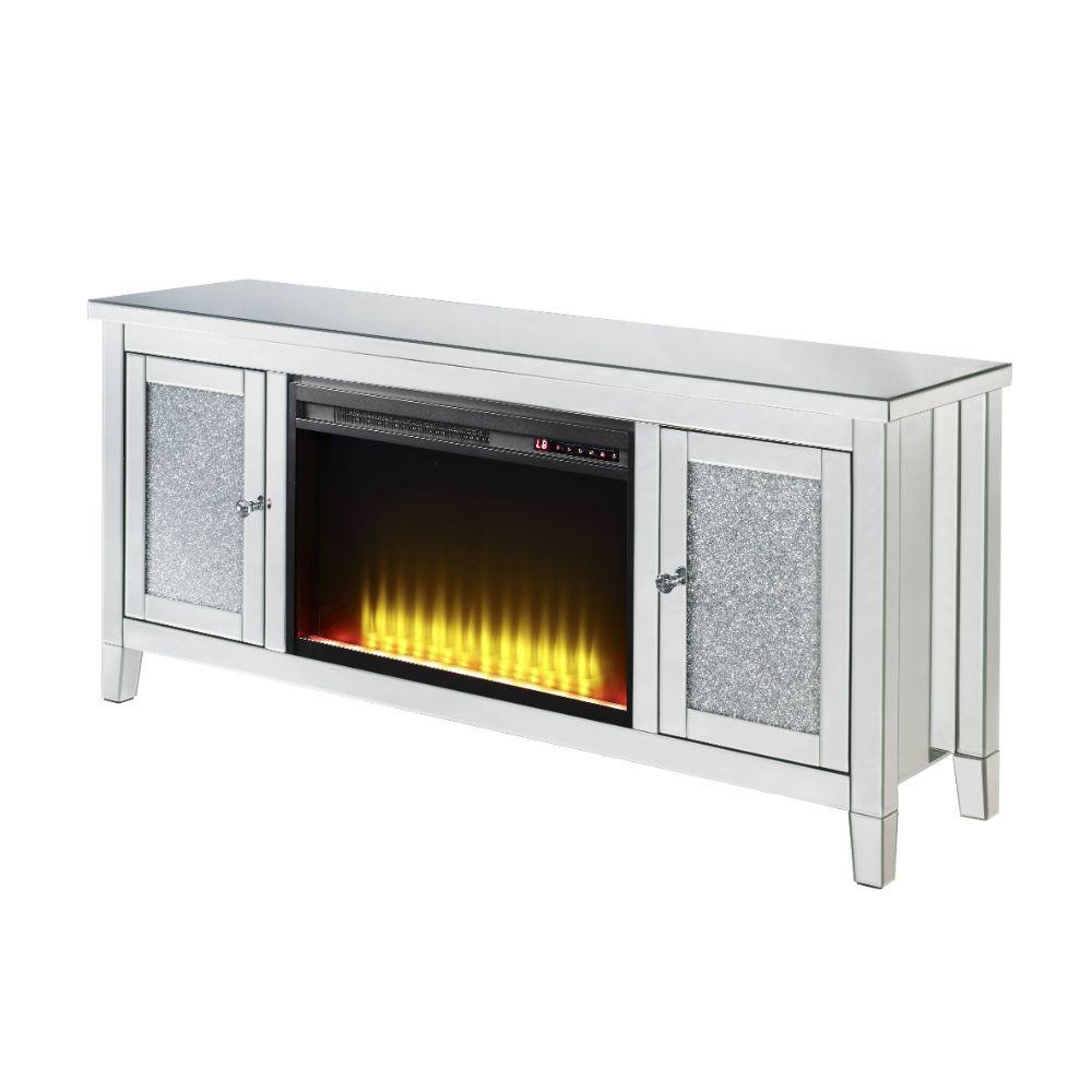 ACME Noralie TV Stand Fireplace, Mirrored & Faux Diamonds FredCo