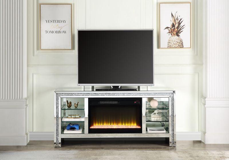 ACME Noralie TV Stand w/Fireplace & LED, Mirrored & Faux Diamonds FredCo