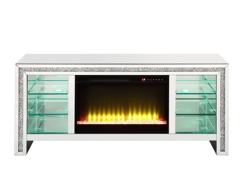 ACME Noralie TV Stand w/Fireplace & LED, Mirrored & Faux Diamonds FredCo