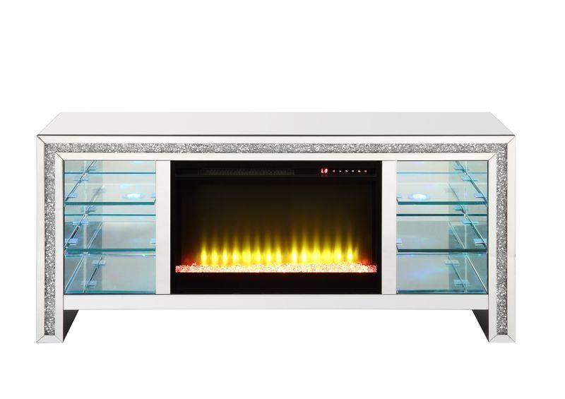 ACME Noralie TV Stand w/Fireplace & LED, Mirrored & Faux Diamonds FredCo