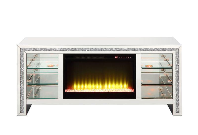 ACME Noralie TV Stand w/Fireplace & LED, Mirrored & Faux Diamonds FredCo