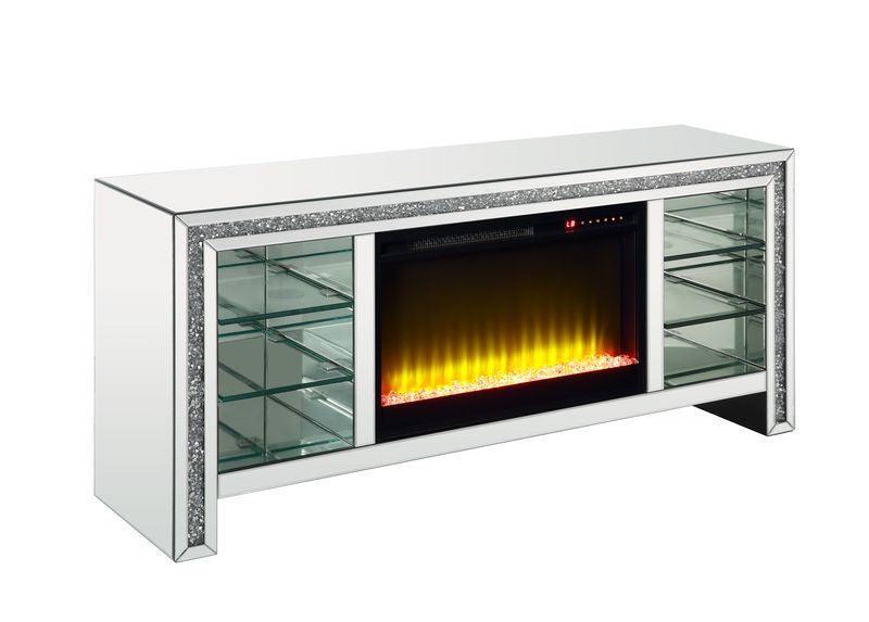 ACME Noralie TV Stand w/Fireplace & LED, Mirrored & Faux Diamonds FredCo