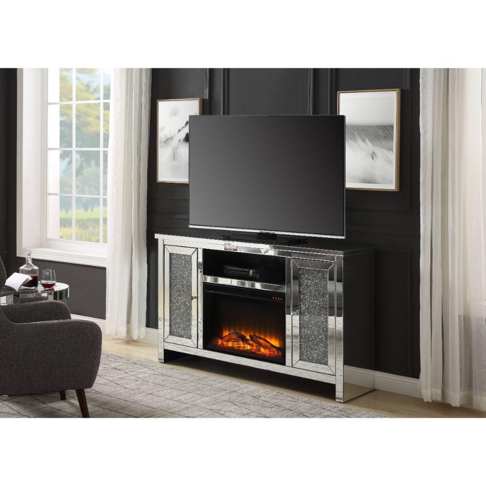 ACME Noralie TV Stand w/Fireplace, Mirrored & Faux Diamonds 1 FredCo