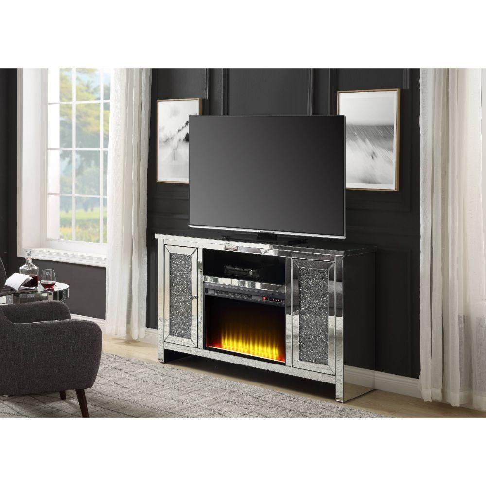 ACME Noralie TV Stand w/Fireplace, Mirrored & Faux Diamonds 1 FredCo