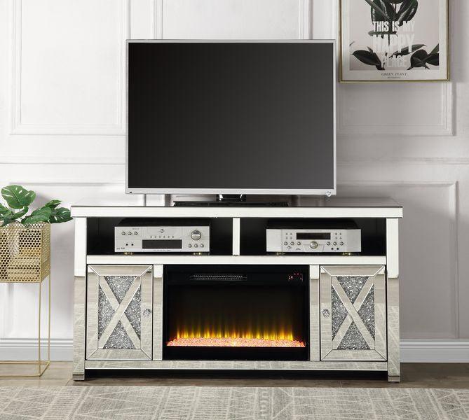ACME Noralie TV Stand w/Fireplace, Mirrored & Faux Diamonds FredCo