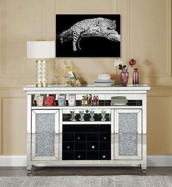 ACME Noralie Wine Cabinet w/LED, Mirrored & Faux Diamonds FredCo