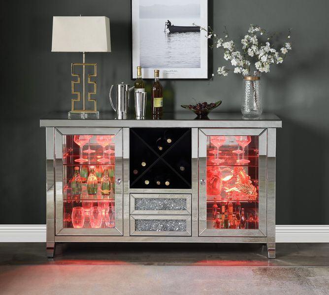 ACME Noralie Wine Cabinet w/LEDs, Mirrored & Faux Diamonds FredCo