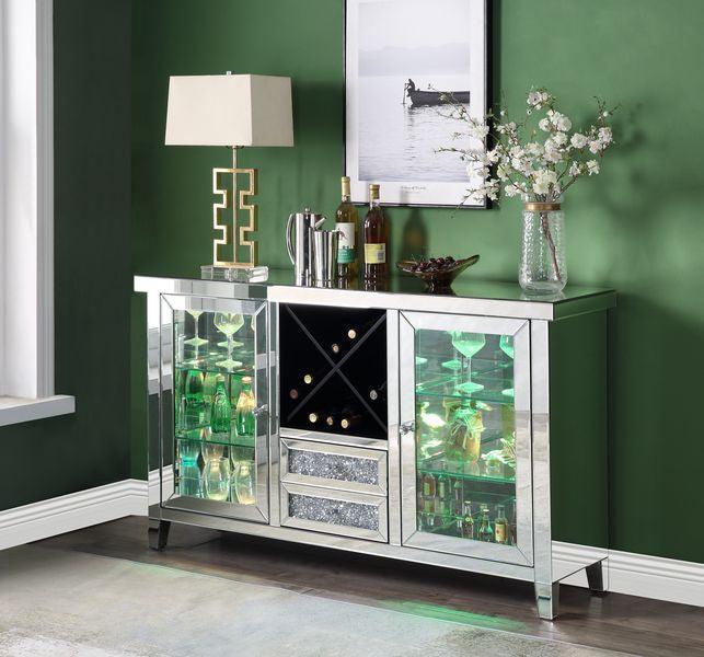 ACME Noralie Wine Cabinet w/LEDs, Mirrored & Faux Diamonds FredCo