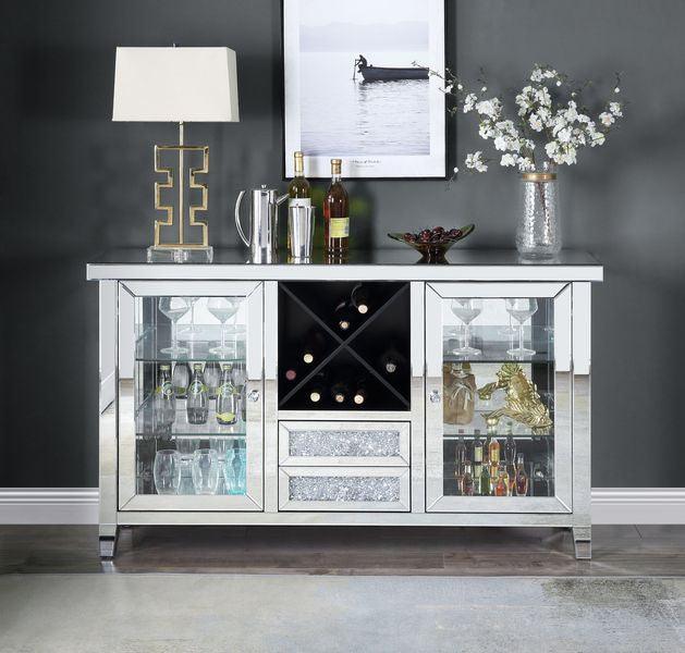 ACME Noralie Wine Cabinet w/LEDs, Mirrored & Faux Diamonds FredCo