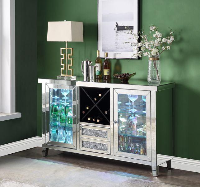 ACME Noralie Wine Cabinet w/LEDs, Mirrored & Faux Diamonds FredCo