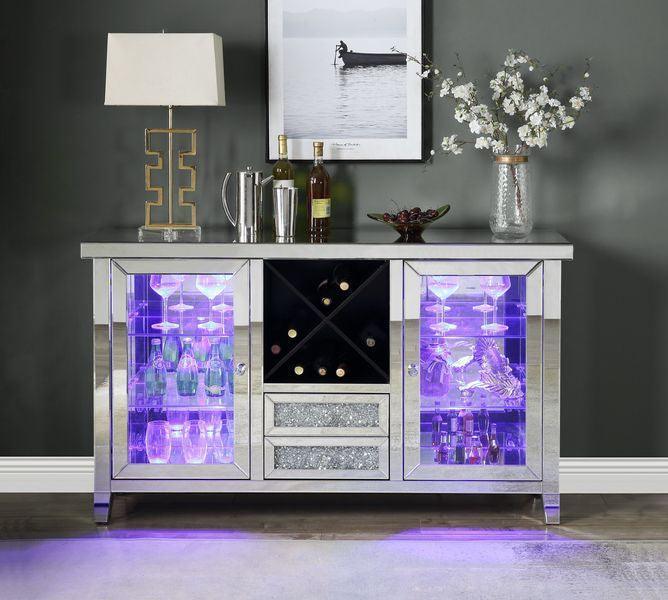 ACME Noralie Wine Cabinet w/LEDs, Mirrored & Faux Diamonds FredCo
